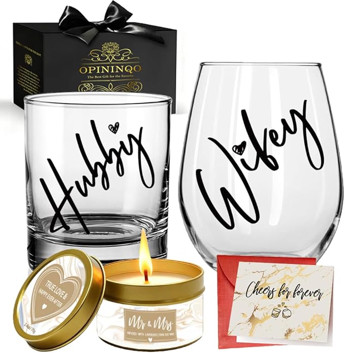 Wedding Gifts for Couples - Hubby & Wifey EST 2025 Wedding Glass Set Bridal Shower Gifts for Bride Groom, Newly-Married Anniversary for Him Her, Mr and Mrs Christmas Gift for Newlywed