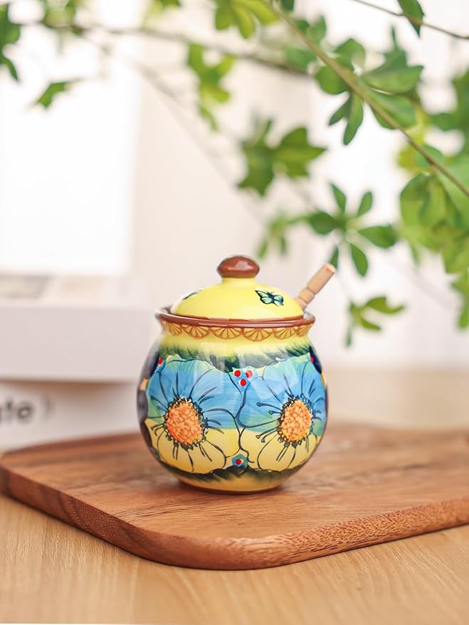 silesia Handmade Ceramic Honey Jar with Lid, 8 oz Floral Design Honey Pot with Dipper, Hand-Painted Honey Containers for Honey, Jam, or Syrup, Dishwasher Safe (Glazed Yellow)