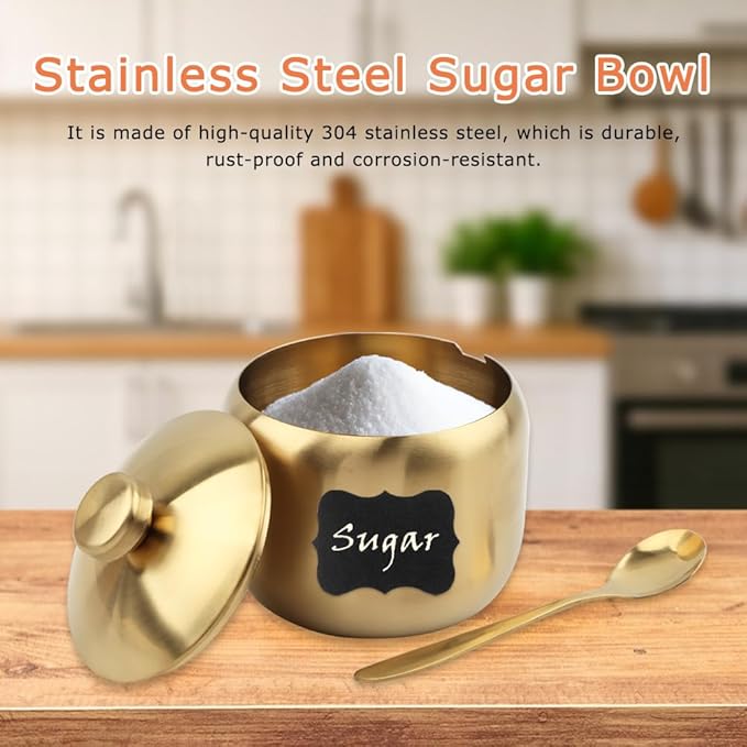 15oz Sugar Bowl with Lid and Spoon, Round Sugar Jar Kitchen Storage Container for Seasonings, Sugar, Salt, Pepper, Spices, Coffee Bar Kitchen Accessories, Dishwasher Safe(COLOR:Gold)