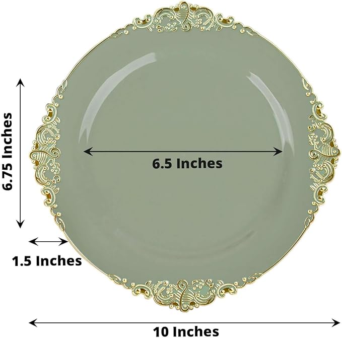 10" Dinner Plates -Set of 30 - Plastic Dusty Sage Green Round Baroque Disposable Chargers Leaf Embossed Rim, Ideal for Dinner Party Wedding Bulk Events