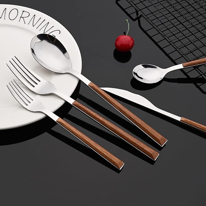 JASHII Silver Stainless Steel Cutlery Sets of 4, with Wooden Wide Square Handles, Dinner Spoons, Knife and Fork Set, Flatware Set Tableware Dinnerware, 20 pieces