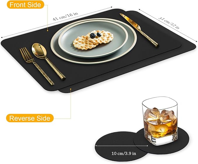 Bacgnyer Placemats Set of 6 Placemat with Coasters Heat Stain Scratch Resistant Non-Slip Waterproof Oil-Proof Washable Wipeable Outdoor Indoor for Dining Patio Table Kitchen Decor and Kids (Black 6)
