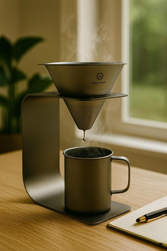 Valtcan Titanium Pour Over Coffee Maker Set – Reusable Metal Filter, Cone Dripper, Mug Stand – Ultralight, Durable, No Plastic, for Camping, Hiking, Home or Office Brewing