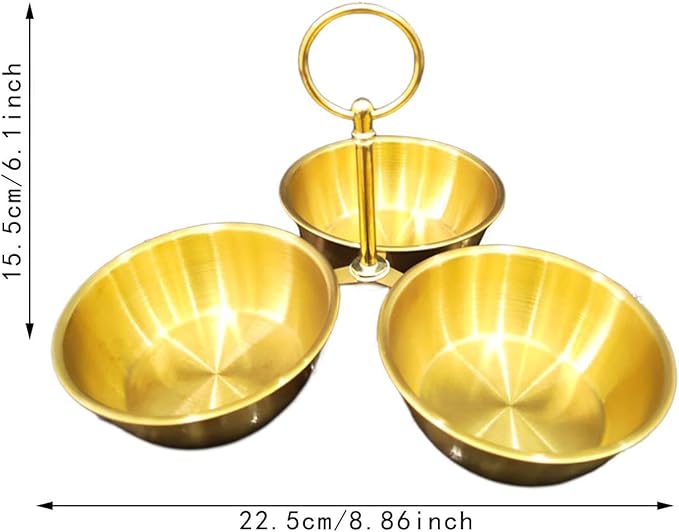 Snack Serving Bowl Divided Serving Tray Chip Dips Serving 3 Section Snack Stand with Bowls for Candy Dessert Fruit Sauce Dips, Gold