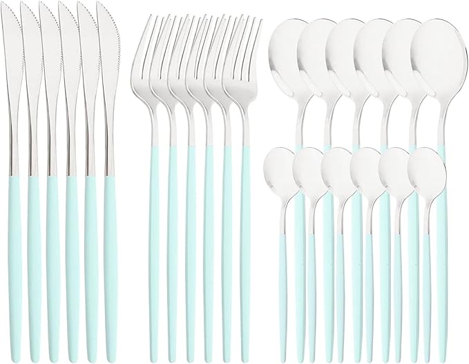 Mirror Cutlery Serving Set, 24-piece 18/0 Stainless Steel Silverware With Mint Green Handle Simple & Modern Tableware For Home Restaurant Dinner, Service For 6 (Mint Green Silver)