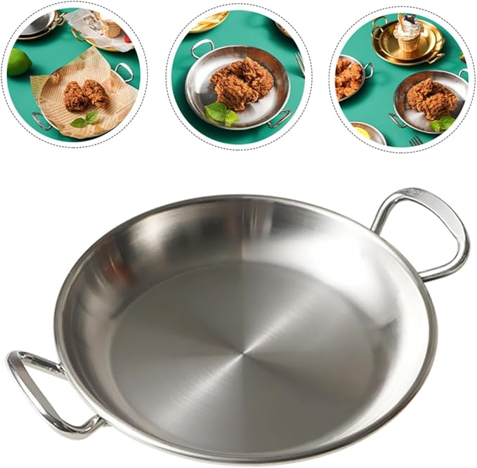 Garneck Dinner Plate Stainless Steel Seafood Pot Plate Handles Multifunctional Serving Tray Silver Plated