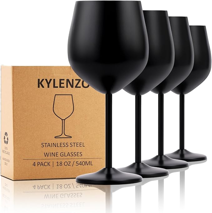 Black Wine Glasses Set of 4, 18oz Stainless Steel Unbreakable Goblets - Outdoor Metal Cups for Camping, Hiking Adventures