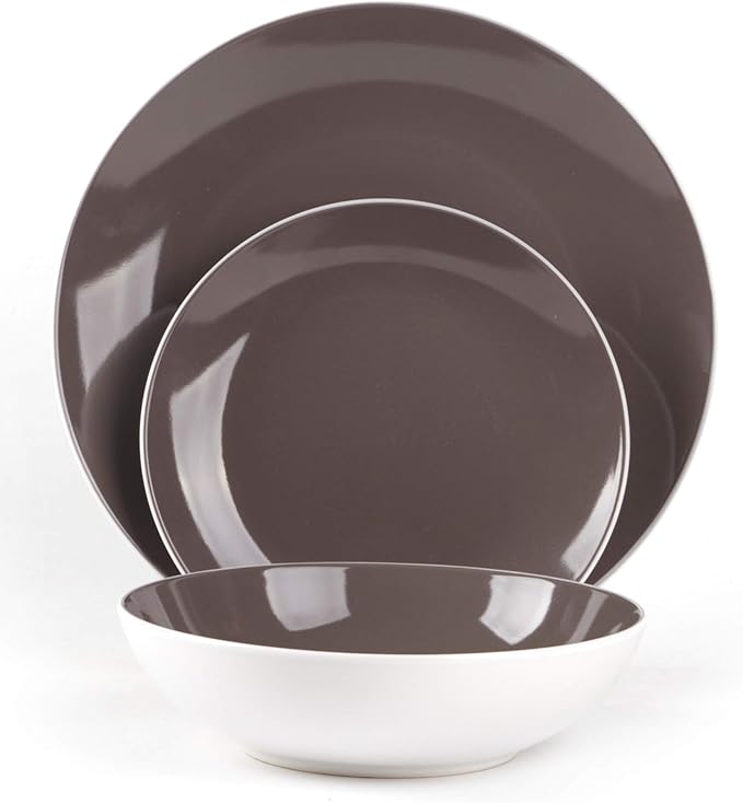 Stoneware Coupe Shape 12pc Dinnerware Set, Outside White + Inside Taupe