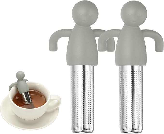 uxcell 2 Pcs Cute Tea Infuser, Stainless Steel Loose Leaf Tea Steeper Filter with Silicone Handle Reusable Coarse Pores Mesh Strainer Diffuser for Teacups Teapots Mugs, Light Gray