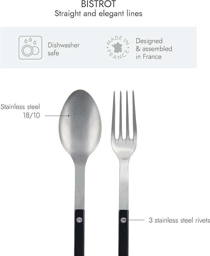 SABRE PARIS - 2-Piece Serving Set - Bistrot Vintage Collection - Large Fork & Large Spoon - Stainless Steel & Nylon - Dishwasher Safe - Black - Mat Finish