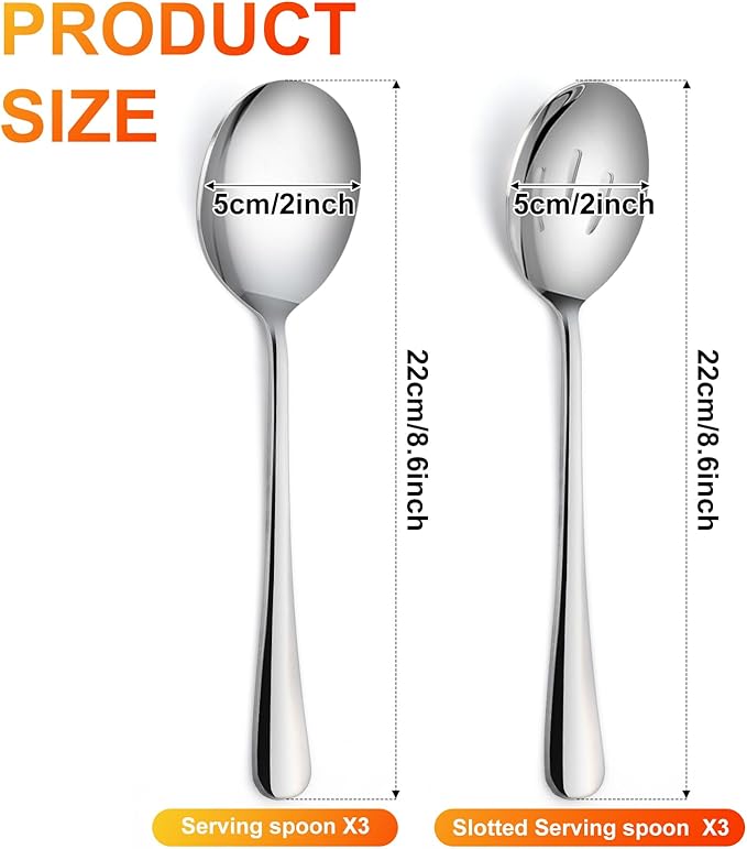 Serving Spoons Set, Includes 3 Spoon and 3 Slotted Spoon, Stainless Steel Serving Utensils for Banquet, Cooking and Kitchen Gdotmely Large Serving Spoons