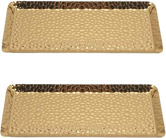 2 Pcs Decorative Tray Stainless Steel Serving Trays Hammered Rectangular 9.8 x 4.3 Inch Dessert Plates Reusable Fruit Stand for Living Room Kitchen Gold