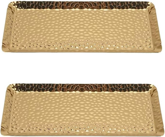 2 Pcs Decorative Tray Stainless Steel Serving Trays Hammered Rectangular 9.8 x 4.3 Inch Dessert Plates Reusable Fruit Stand for Living Room Kitchen Gold
