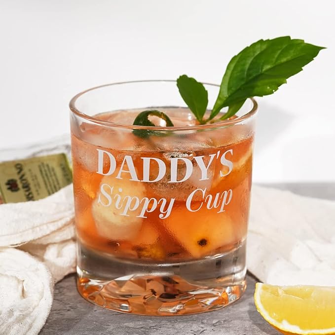 PONPUR Gifts for Dad Men Christmas, Daddy's Sippy Cup Whiskey Glass, Funny Birthday Gag Dad Husband Gifts Ideas from Daughter Son Kids, Stocking Stuffers, Bourbon Scotch Gift for Expecting Father