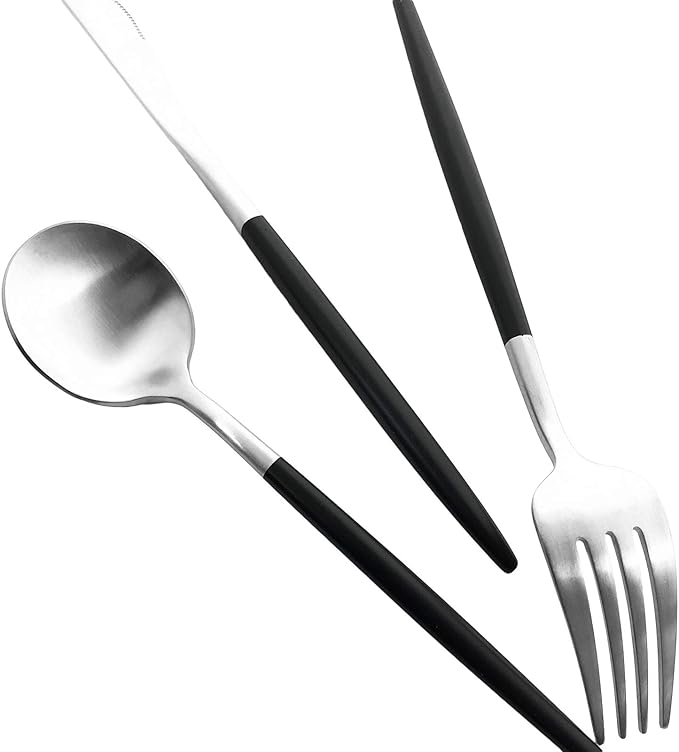 Matte Silverware Set, 10-Piece 18/10 Stainless Steel Satin Finish Flatware Set Service for 2, Kitchen Utensil Set, Tableware Cutlery Set for Home Restaurant (Black Handle Silver, 10-Piece)