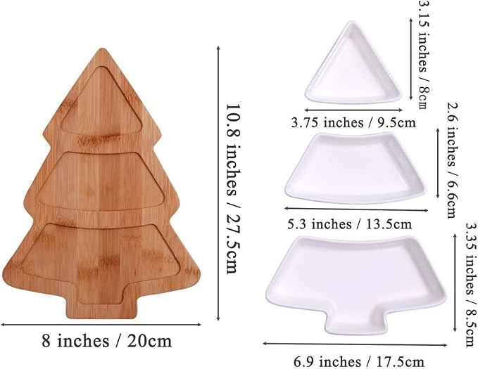 10.8 Inches Snack Appetizer Trays Set, Christmas Tree Dessert Serving Dishes, Snack Platter, 3 pcs Removable White Porcelain Plates with Bamboo Tree Tray