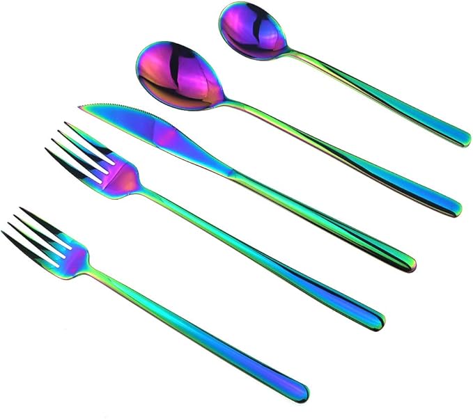 JASHII Mirror Polished Rainbow 20-Piece SUS304 Stainless Steel Flatware Set,Colorful Silverware Set Dinner Knife Fork Spoon Dessert Fork Salad Spoon Service for 4