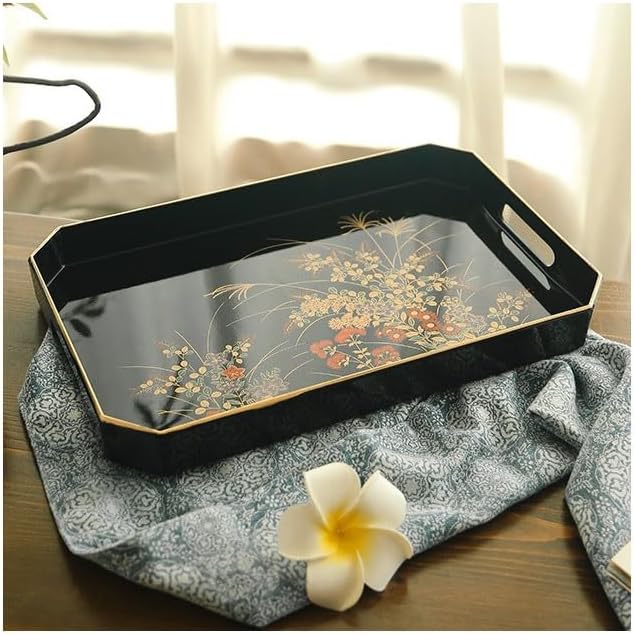 SABALON Foodtray Front Heavy Lacquerware Long Hand Tray Japanese Style Hand-Painted Fruit Wedding Housewarming Gift Tea Dining Serving(B)