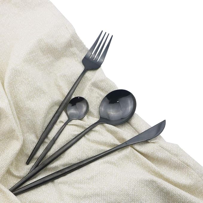 JASHII 24 Piece Titanium Plated Stainless Steel Flatware Set, 24 Black Silverware Set, Cutlery for 6 (Shiny)