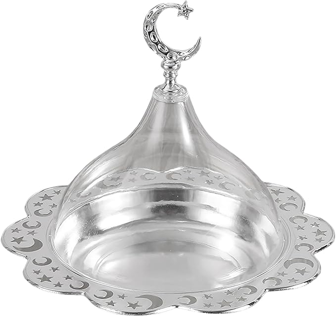 Vintage Ramadan Plates, Multi-Function Kitchen Ramadan Tray with Lid, Ramadan Serving Trays for Party Cafe Home (Silver)