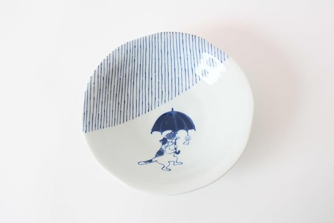 Mino ware Japanese Ceramics Pair Round Plate Japanese Cat (set of two) made in Japan GBS220 (Medium Deep, Umbrella)