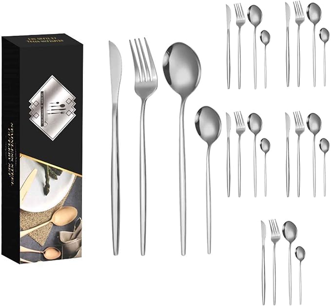 Flatware Service for 24 PCS, Knives Forks Spoon Set Serving for 6, Dishwasher Safe, for Tableware, Kitchen, Formal Events, Parties, Home, Hotel(Size:A,Color:Silver)