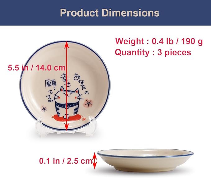 Seto Ware Small Plates with Lucky Cat Design, 3-Piece Japanese Ceramic Dish Set with Display Stand, 5.5 inch Soy Sauce & Snack Plates, Made in Japan Tableware (White/Smile)