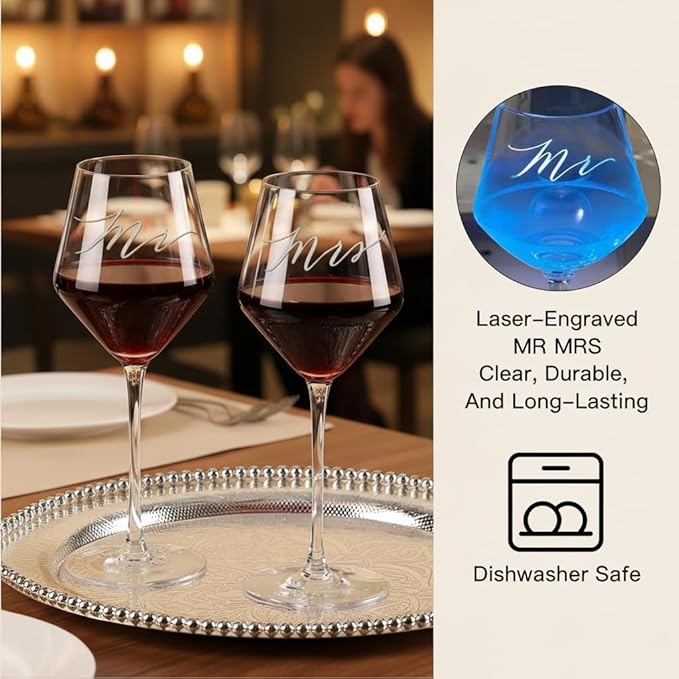 Christmas Mr Mrs Wine Glasses for Couples – Engagement, Wedding & Newlywed Gift for Couples, Just Engaged Gifts for Women, Woonden Memory Box Xmas Couple Present