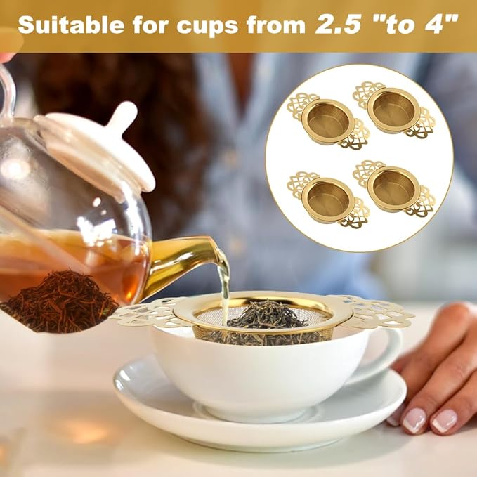 4 Pack Tea Strainer Bowl,Stainless Steel Tea Strainer Bowl, Fine Mesh Fil-ter with Drip Bowl & Winged Handles for Loose Tea/Coffee, Fits 2.5-4 Inch Cup Mouth(COLOR:Glod)