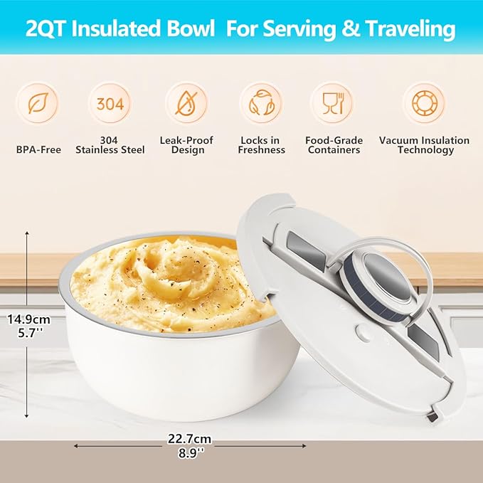 Double-Walled Stainless Steel Insulated Serving Bowl with Leak - Proof Lid - Insulated Casserole Dish - Keeps Food Warm and Cold for Hours - Perfect for Holidays, Parties, Camping - (2Q, White)