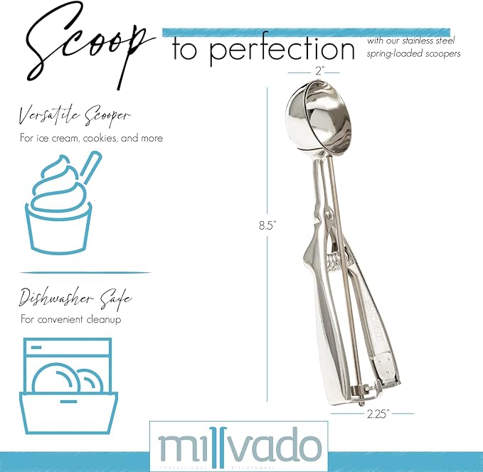Stainless Steel Ice Cream and Cookie Scoop | Medium Sized, Spring Loaded Lever Design, For Sorbet, Melon, Meatballs, Muffins, and More, 2 Ounce (2-1/8”) Scooper