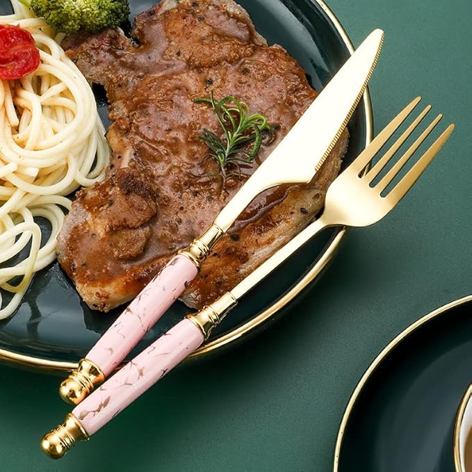 Premium Stainless Steel Silverware Set with Ceramic Handles, 5 Piece Knife, Fork, and Spoon Set with Marble Accents, Elegant Kitchen Utensils Set (Pink (set of 5))