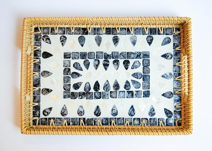 Magenta & Teal Decorative Rectangle Rattan Serving Tray 13x9 inch Mother of Pearl Inlay, Wicker Coffee Table Decor, Farmhouse (Blue Tan Star)