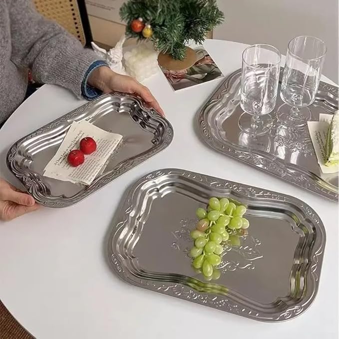 Silver Embossed Cutlery Serving Tray Set Of 3 Pieces Stainless Steel 30cm 35cm 40cm For Wedding Events Parties Large Gatherings Food Display Decorative Elegant