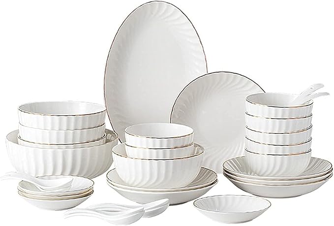 32-Piece White Dinnerware Sets, Modern European Dinner Plate and Bowl Set, Table Service for 6-8, Phnom Penh High-End Tableware Set Microwave Safe, Dessert/Soup/Sal