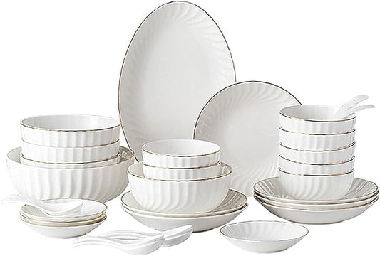 32-Piece White Dinnerware Sets, Modern European Dinner Plate and Bowl Set, Table Service for 6-8, Phnom Penh High-End Tableware Set Microwave Safe, Dessert/Soup/Sal