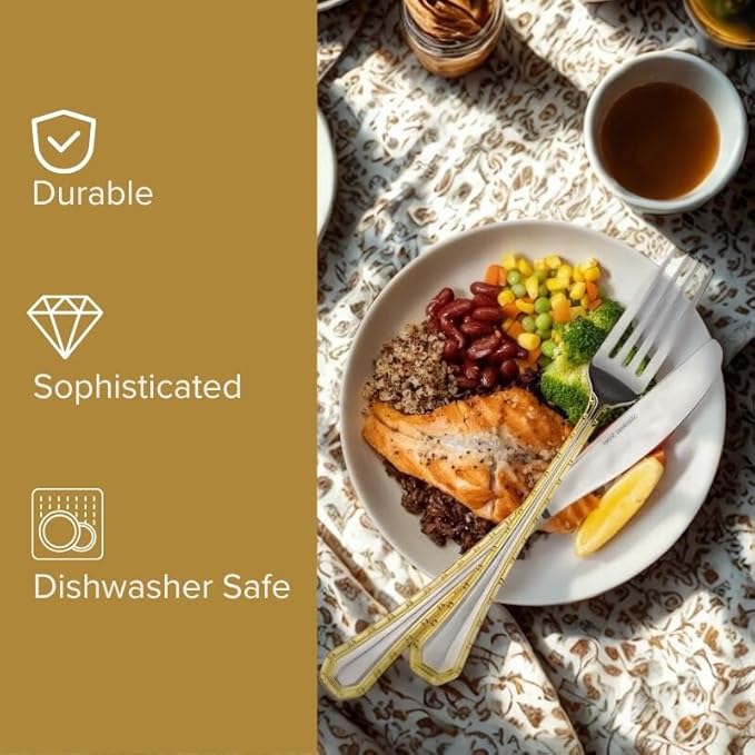 18/10 Stainless Steel Flatware Set - 20pc Italian Collection Style Tableware with Gold Geometric Border - Elegant Design for Home and Kitchen Use - Ideal for Wedding Gifts (Damascus (20 Piece)