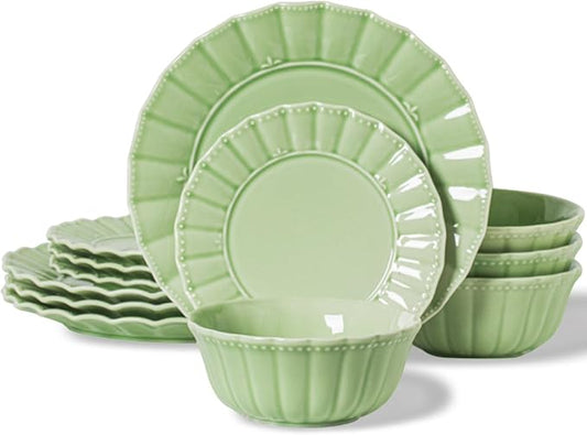HOMBENE 12 Piece plates and bowls sets for 4, Dinnerware set, Porcelain Dish Set, House gift, Microwave and Dishwasher Safe, Mint Glow Green
