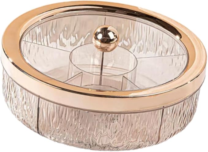 Rotating Serving Tray for Snacks with 6 Compartments, Transparent, Reusable, for Storing Nuts and More, Ideal for, Rose Golden Ball