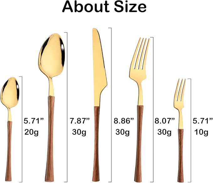 JASHII 30pcs Stainless Steel Imitation Wood Handle Cutlery Flatware Set,Tableware Knife Cake Fork Spoons Dinnerware Set Party Kitchen Silverware for 6, Mirror Polished - Brown&Gold