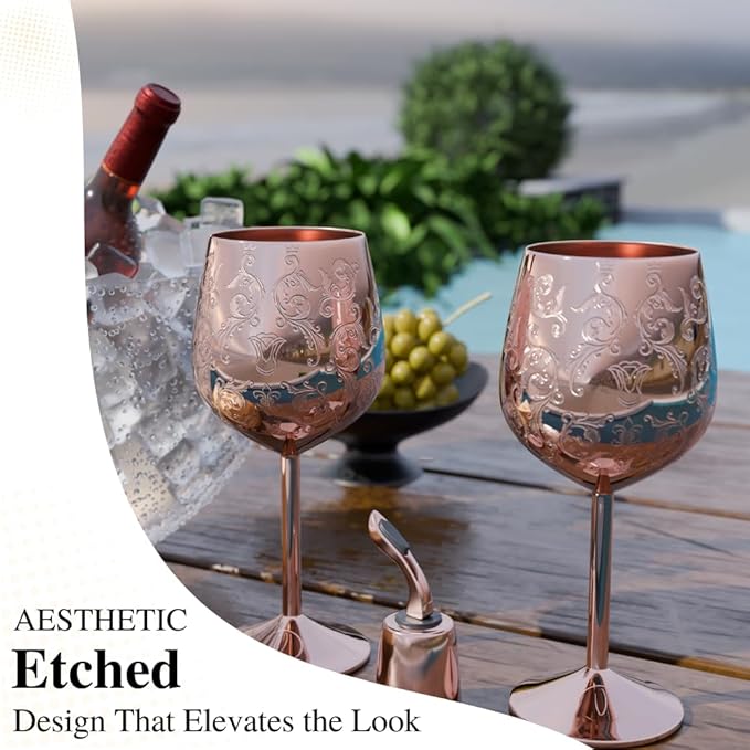 17oz Stainless Steel Wine Glasses | Gift for Mother's Day [Set of 2]–Rose Gold Royal Goblets with Intricate Baroque Engravings, Unbreakable and Shatterproof Wine Cups with Bottle Stopper