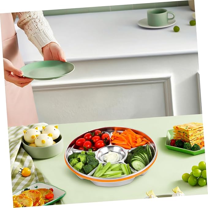 GLEAVI Stainless Steel Divided Serving Tray Lid Family Sized Fruit and Vegetable Tray Multipurpose Snack Container for Fresh Food Storage and Outdoor Use