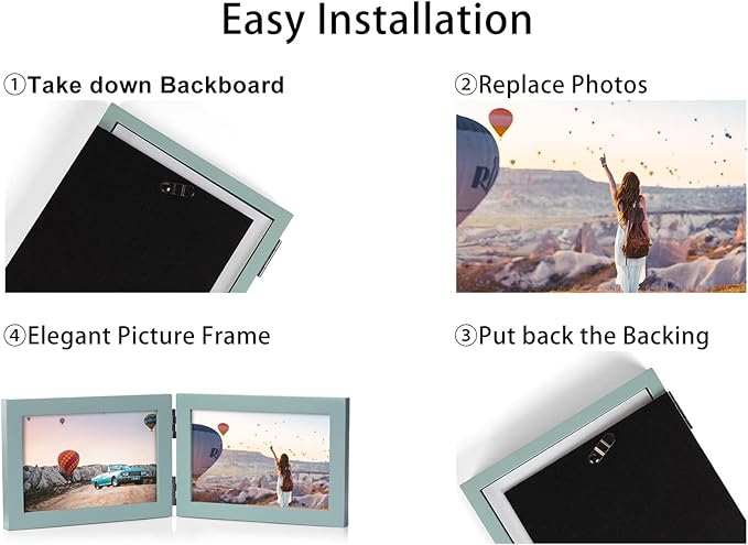 4x6 Double Hinged Picture Frame Folding Photo Frame Vertical and Horizontal in Teal Blue Pine Wood with Real Glass for Tabletop P-LAN-SH46