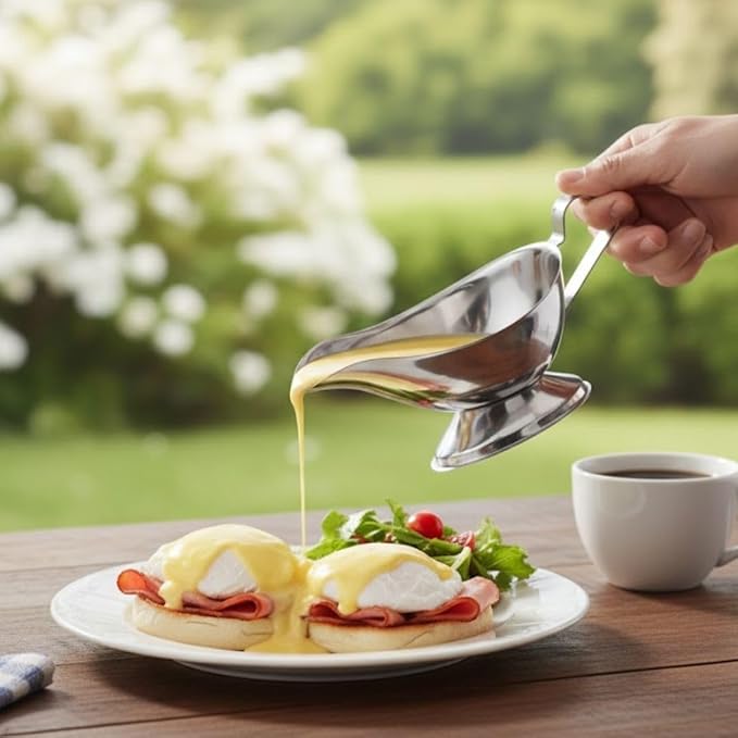 Soro Essentials- 8 oz. Stainless Steel Gravy Sauce Boat Gadroon Base with Loop Handle Set of 2- Restaurant Gravy Boat Dripless Lip Spout Serving Dish Gravy Bowl for Sauces Gravy Salad Dressings Milk