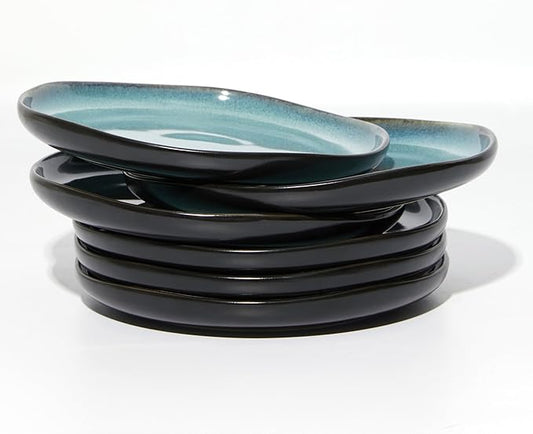 8 Inch Salad Plates Set of 6, Dessert & Side Plates with Wavy Rim-Stoneware, Dishwasher & Microwave Safe, Ceramic Plate Set, Green Black