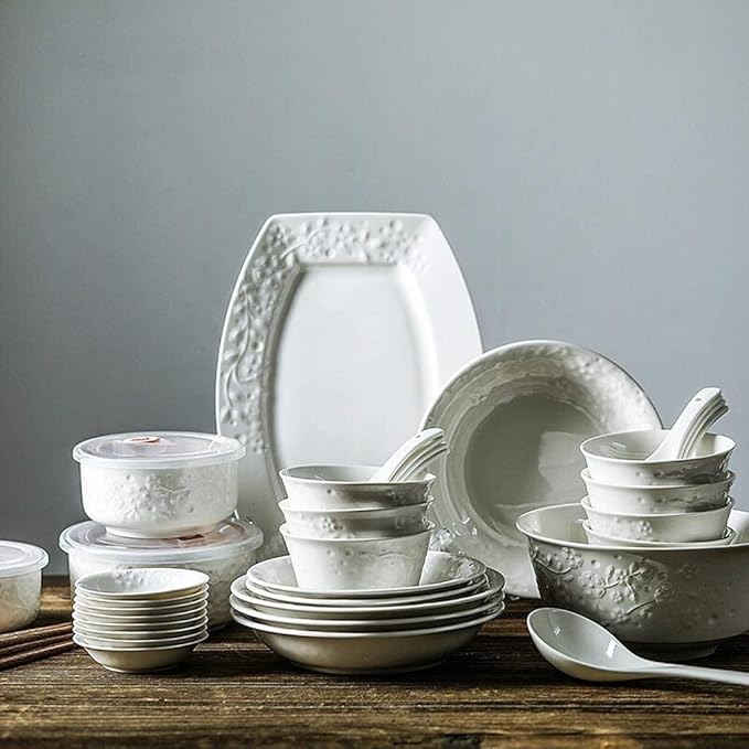 Ceramics Dinner Sets,Bowl/Dish/Plate 44 Pieces Dinnerware Embossed Pattern Tableware Set White -Family Party and Kitchen Restaurant Plates