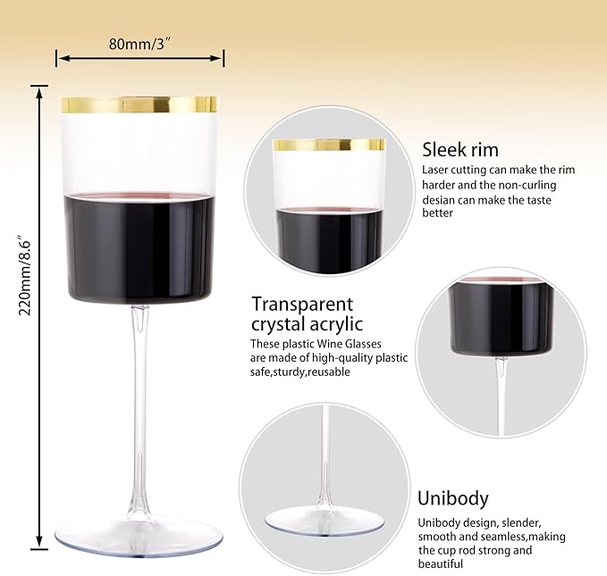 Ciaell 12 Pack Plastic Wine Glasses - 14 Oz Plastic Wine Glasses with Stem - Square Gold Disposable Stemmed Glass for Parties & Weddings & Outdoors & Christmas & New Year