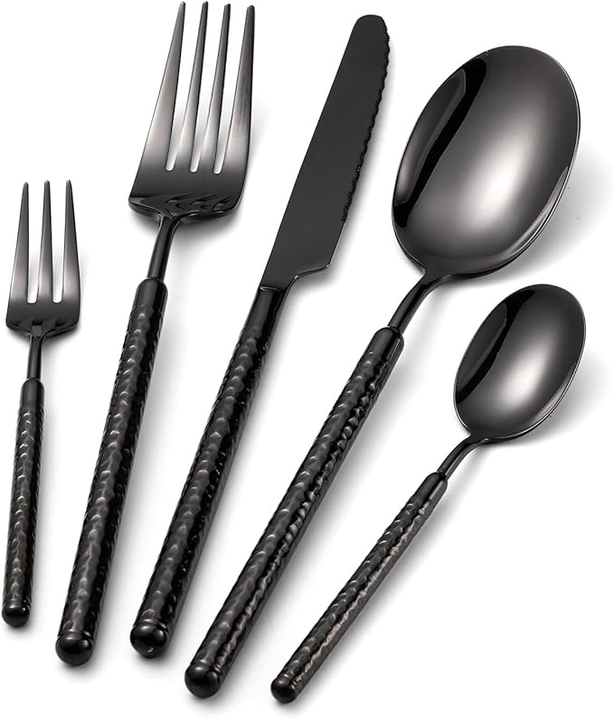 20-Piece Silverware Set, Stainless Steel Flatware Set for 4, Modern Hammered Utensil Tableware Set Include Dinner Knife/Fork/Spoon, Mirror Finish, Dishwasher Safe (10, black)