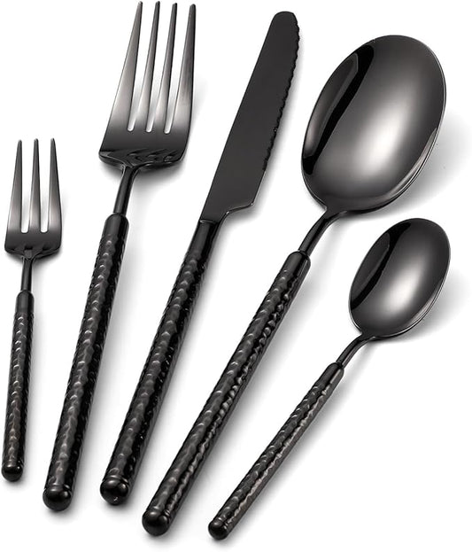 20-Piece Silverware Set, Stainless Steel Flatware Set for 4, Modern Hammered Utensil Tableware Set Include Dinner Knife/Fork/Spoon, Mirror Finish, Dishwasher Safe (10, black)