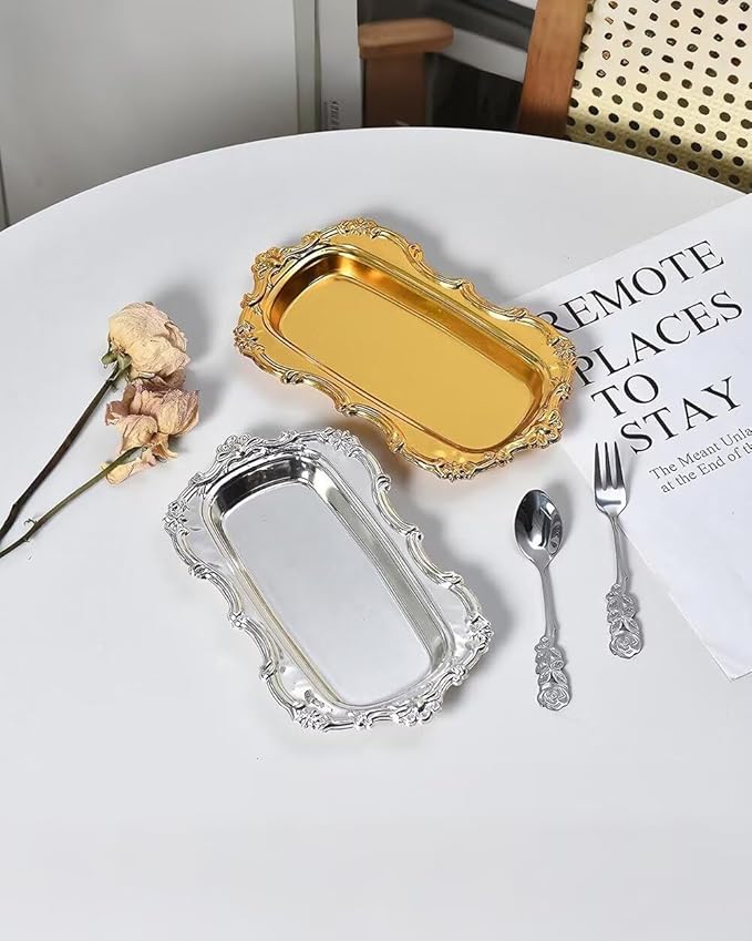 3PCS 8in Vintage Serving Trays Set Decorative Tray Metal Tableware Platters for Cookies Desserts Party Food Display (Gold)